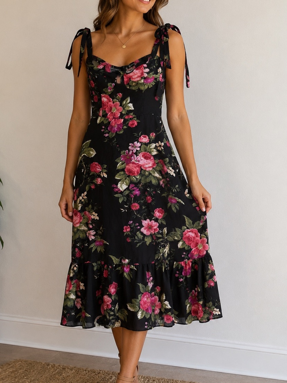 Bella Barnett Black Floral Tie Shoulder Midi Dress Size S Romantic Cottagecore